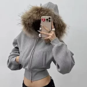 Fur Collar Y2K Cropped Hoodies Women 2026 Spring Korean Fashion Zipper Long Sleeve Sweatshirt Streetwear Hood Shirt Coat Jackets