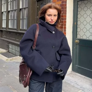 Winter Single Breasted Long Sleeve Loose Jacket Women Lapel Pocket Short Coats Streetwear Fashion Solid Female Outerwears