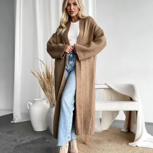 Women Casual Cardigan Knitted Loose Sweaters Cardigans Elegant V Neck Long Batwing Sleeves Mid Length Jumpers Knitwear Sweaters