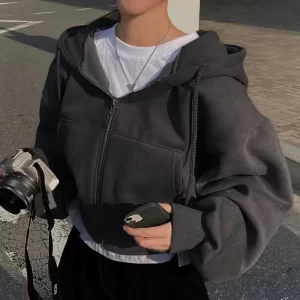 Korean Fashion Hood Shirt Women Zipper Cropped Jackets Streetwear Harajuku Long Sleeve Sweatshirt Solid Casual Female Hoodies